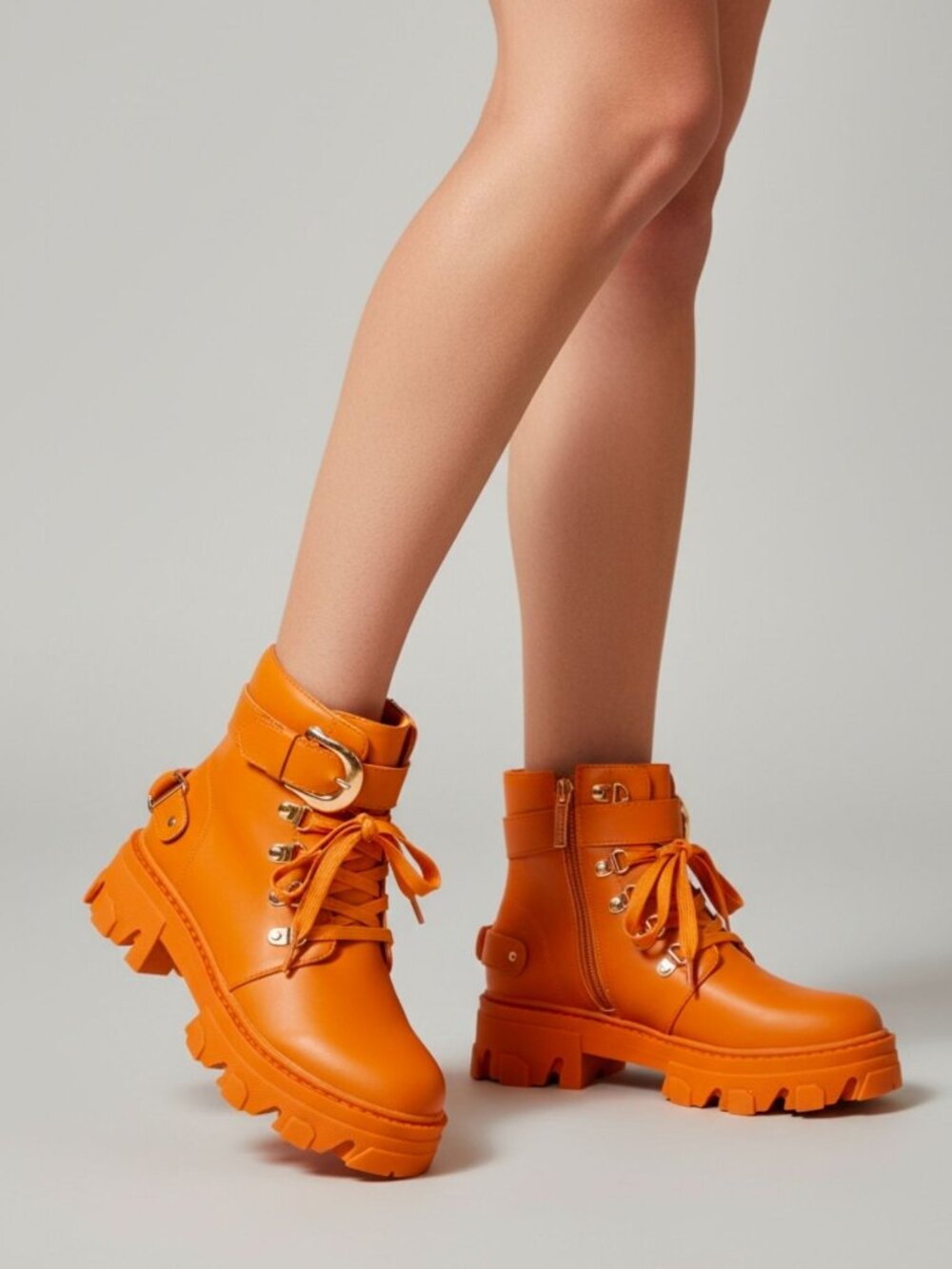 Chunky Tan Combat Boots With Gold Buckles & Side Zippers For Women Modern Style